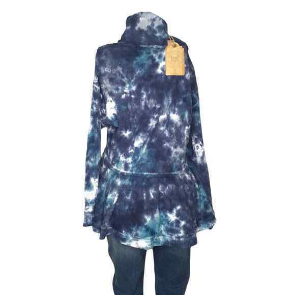 NEW Waffle Knit Pullover Top Shirt 12W 0X Peplum Mock Neck Blue White Tie Dye - Picture 5 of 8